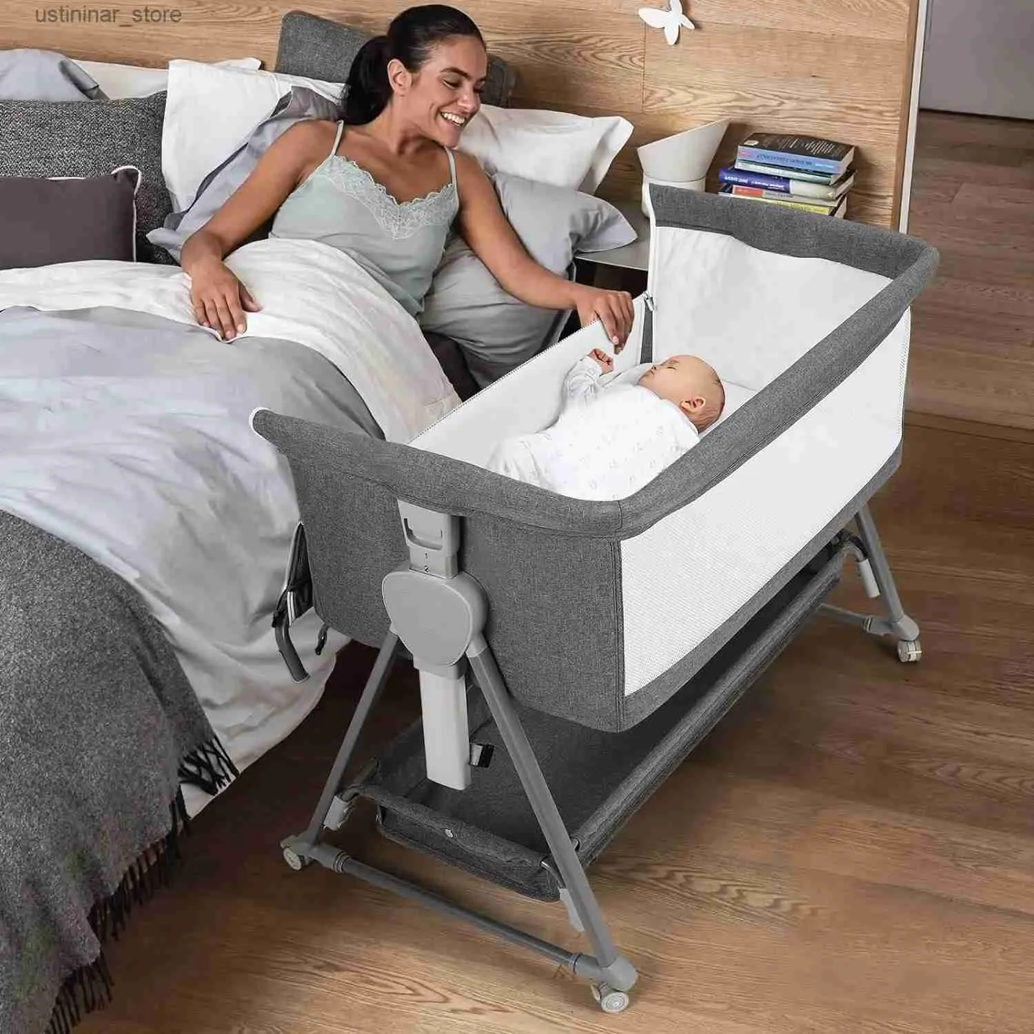 Baby Cribs Baby Bassinet obok śpiącego dla dziecka łatwy do składania łóżka Bassinet z koszem do przechowywania i kółkami, aby zmniejszyć zmęczenie matki L416