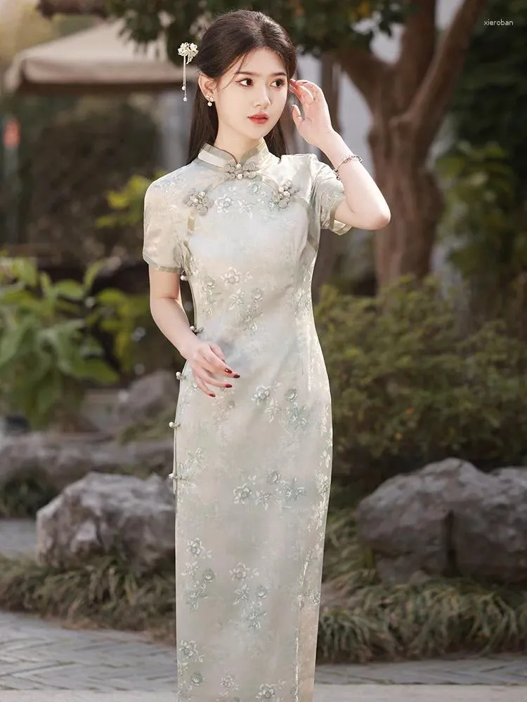 DHgate Old Shanghai Summer Cheongsam Dress for Women Vintage Elegant Modern Short Sleeve Female Slim Long Qipao Apparel