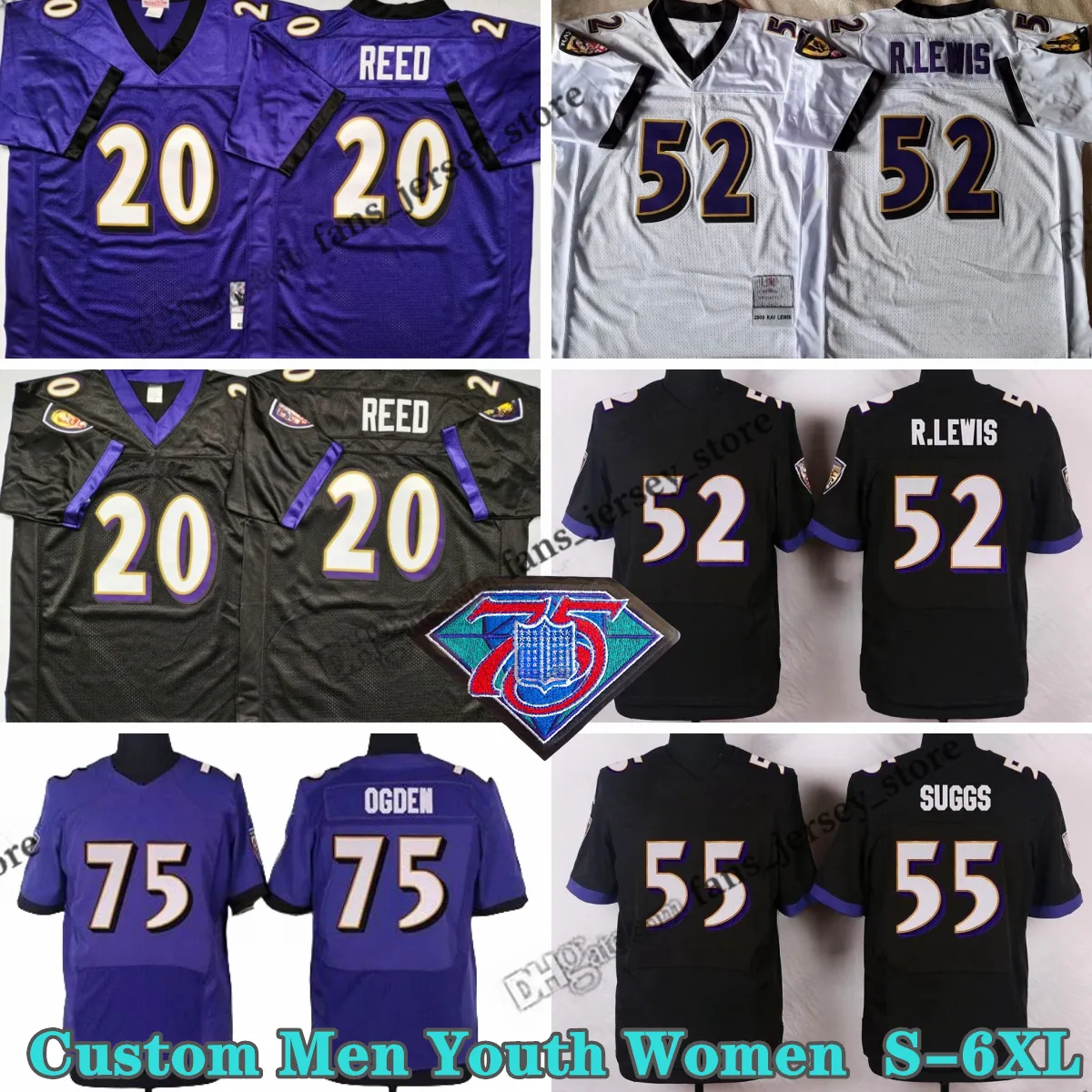 Custom 75th Vintage 52 Ray Lewis Football Jerseys 75 Jonathan Ogden 20 Ed Reed 3 Matt Stover 58 Питер Боулв.