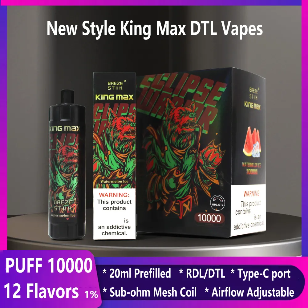 Breze Stiik puff 10000 disposable vape King Max 10000 puff DTL vapes 10k puff 10k 20ml cartridge pod vaper mesh coil Airflow Adjustable 12 flavors e cigarette vapor pen