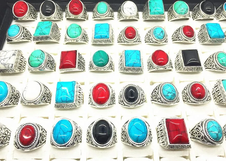 Turquoise Gemstone Ring Mix Style Antique Silver Vintage Stone Anneau pour homme Femmes Bijoux entiers Lots 9815505