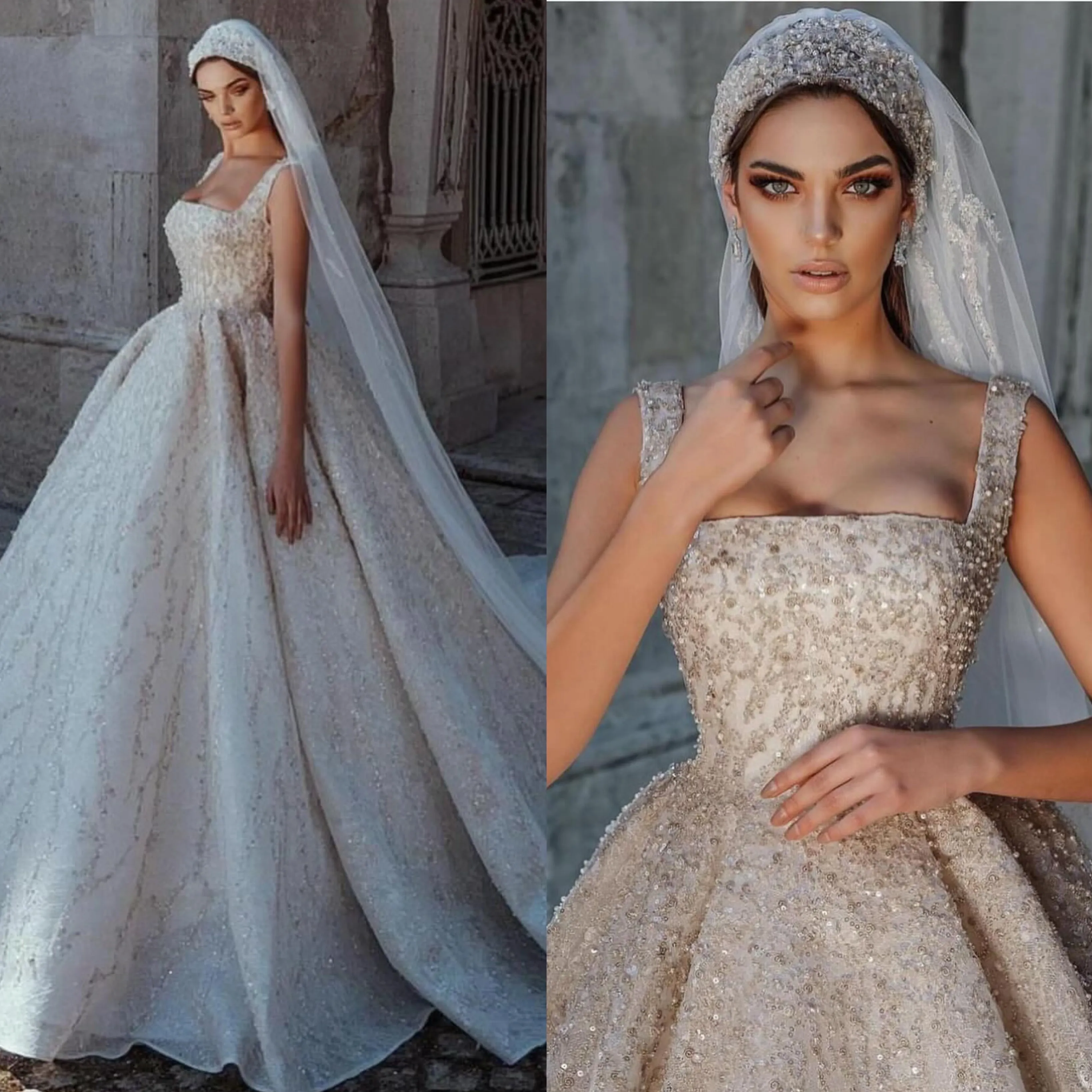 Vintage Crystal Ball Gown Wedding Dress Straps Wedding Dresses Sweep Train Ruffle Saudi Arabic Dubai R Muslim Bridal Clowns Plus Size