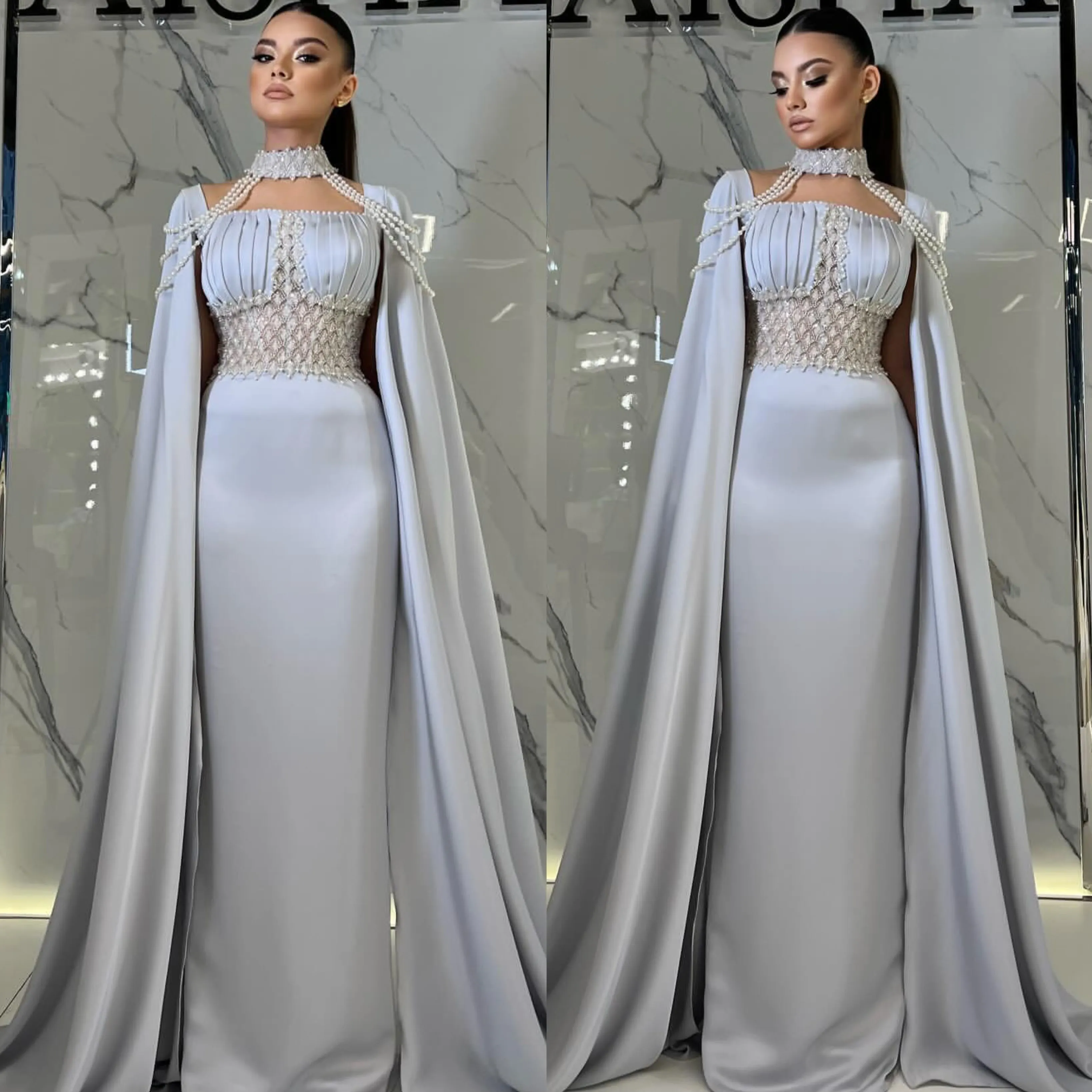 Grey Sheath Evening Gown Elegant Pearl Cape, Beaded Peplum Prom Dress,  Modest Islamic Muslim Formal Dresses for Women