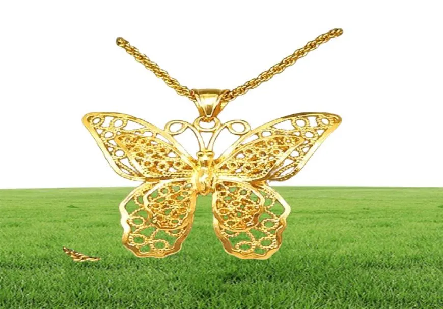 Полая подвесная бабочка ожерелье 18к Желто -золото Филигранки Большой ювелирный подарок 7981852
