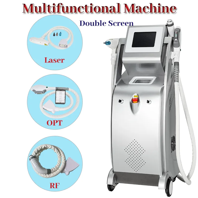 Dubbel skärm och yag laser multifunktionell skönhetsmaskin rf hud åtdragning opt hårborttagning icke-invasiv behandling vertikal utrustning