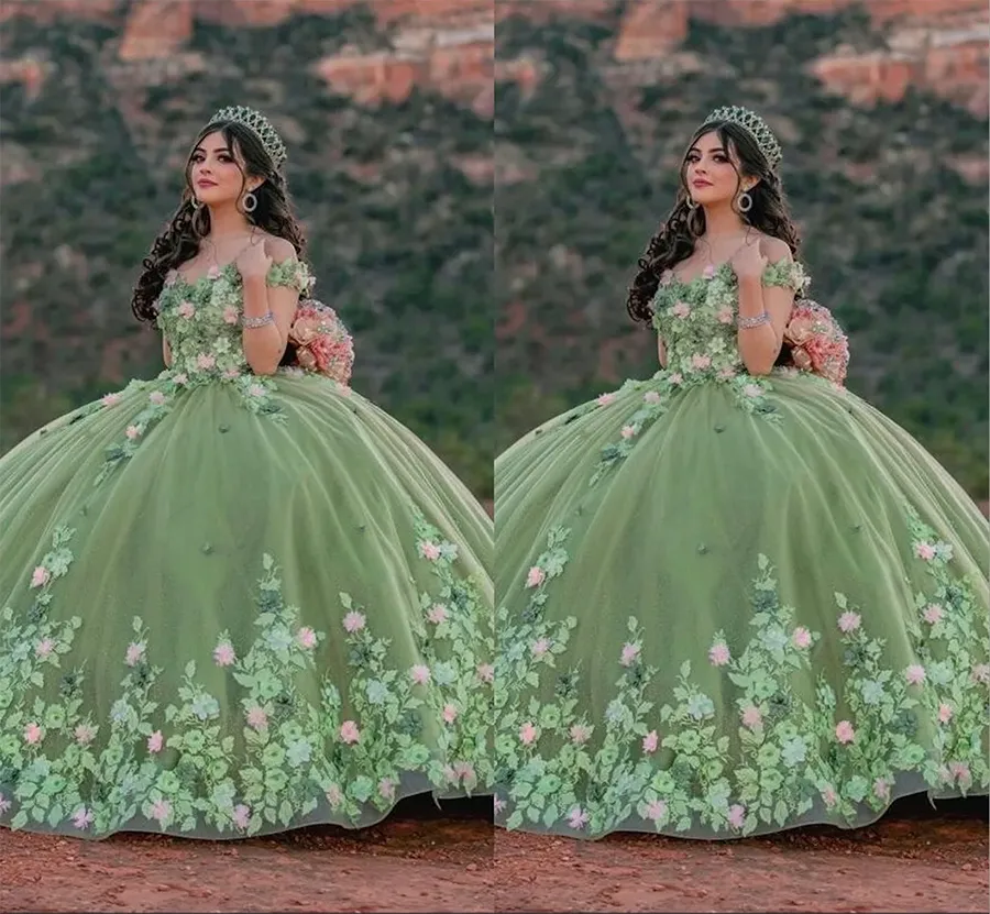 2024 MODEST SAGE GREEN QUINCEANERA DRESTI DELL'ABILE 3D PINK APPLICA FLORALE APPLICA APPLICA