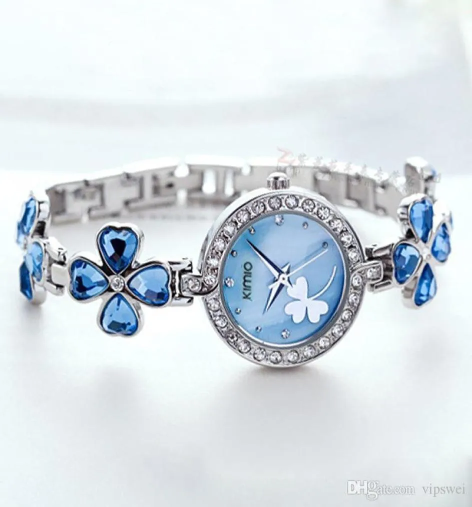 Woman fashion Clover dress watches Bracelets Stainless steel color student Bracelet blue Rhinestone Quartz watch Lovers girl gift 5132193