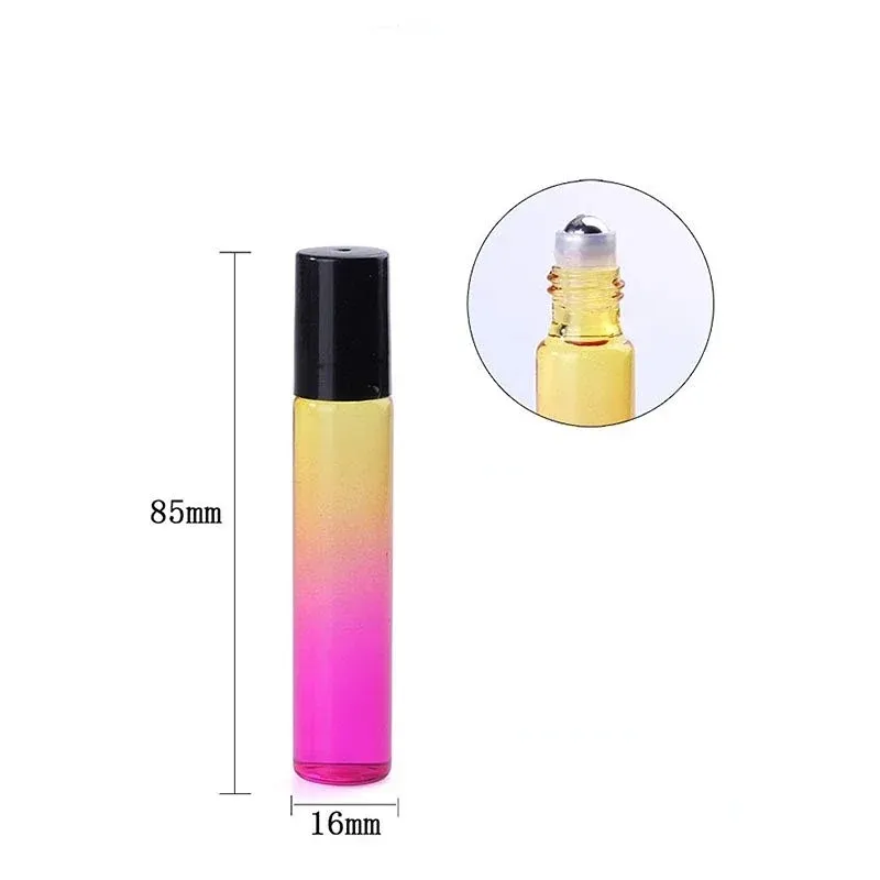 2024 10ml gradiente cor essencial de óleo de perfume de garrafa de garrafa de garrafa de vidro grosso rolo de vidro em contêiner cosmético para viagem inteiro para