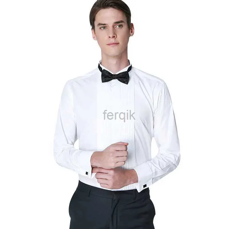 Men's Casual Shirts Classic Winged Collar Dress Shirt Mens Wingtip Tuxedo Formal with Red Black Bow Tie Party Dinner Wedding Bridegroom Tops 24416