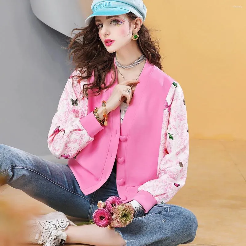 Jaquetas femininas Spring Rosa Casaco Contraste Costura de cor solta Casual casual para mulheres