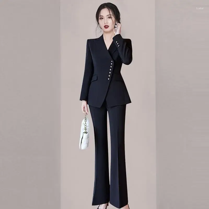 Kvinnors tvåbitar byxor Black Suit 2024 Autumn Style Temperament Light Luxury Senior Professional Formal 2 Set for Elegant Pantsuits