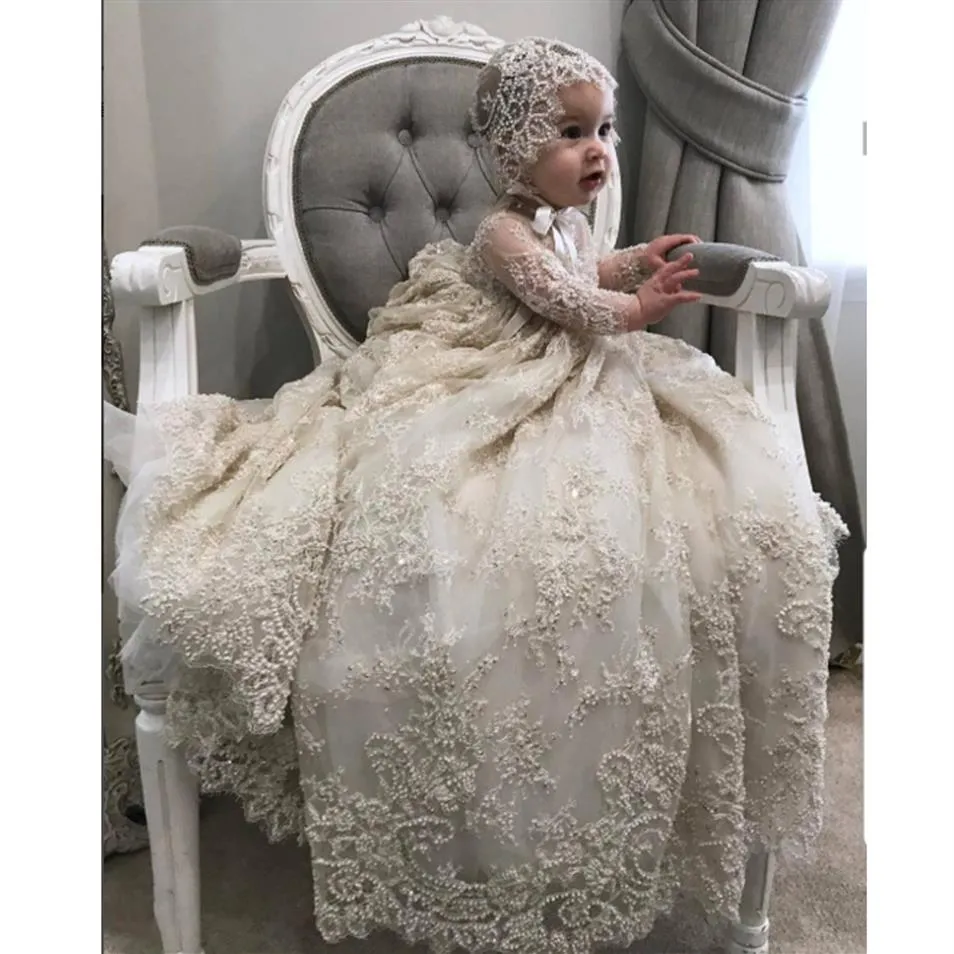 White Ivory Christening Gown for Little Kids O Neck Long Sleeve Lace Pearls First Communion Dress Toddler Infant Baptism Gowns 199H