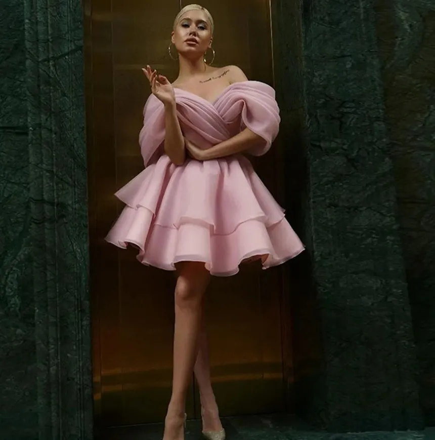 2024 Pink Short Organza Prom Dresses Off The Shoulder Lace Up Above Knee  Birthday Evening Party Gowns Robe De Soiree