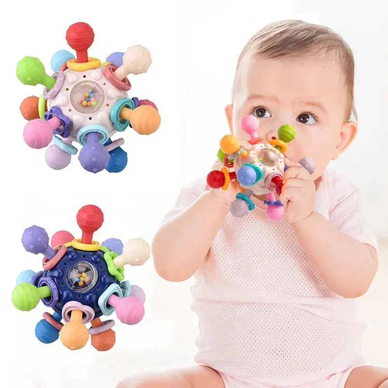 Jouets bébé 0 12 mois en rotation de boule de hochet à saisir l'activité de développement du silicone silicone Teether sensorielle pour les bébés 240407