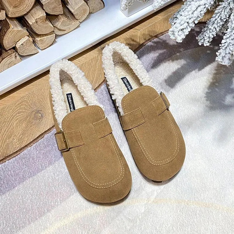 Casual Shoes Women Round Toe Flats Loafers 2024 Autumn Winter Wool äkta läder för spännen Slip-On Mules