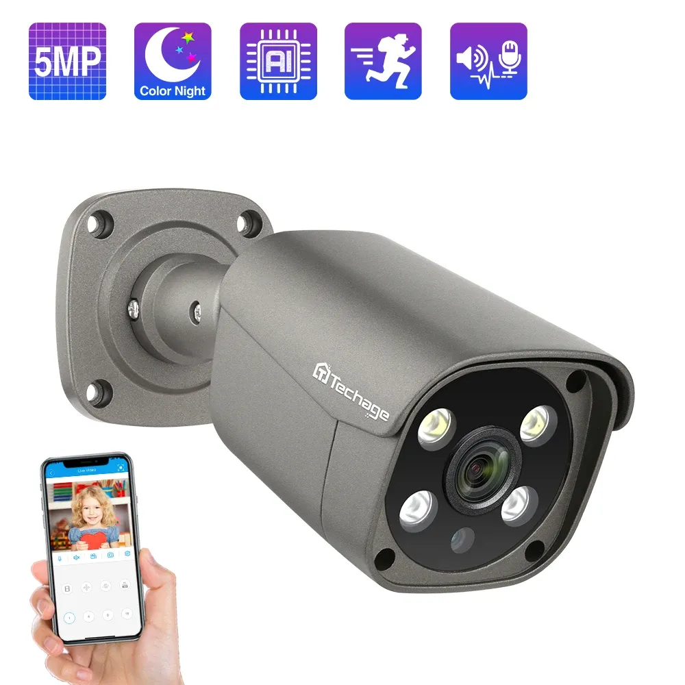 Sistem Techage 5MP Güvenlik Poe Kamera AI İnsan Tespit Twoway Ses IP Kamera IP66 Açık Mekan CCTV Gözetim Tam Renkli Gece P2P