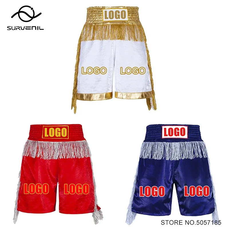 Shorts di boxe personalizzati uomini femminili da donna navighi in raso muay thai combattere pantaloni mma kickboxing allenamento tronchi personalizzati 240402