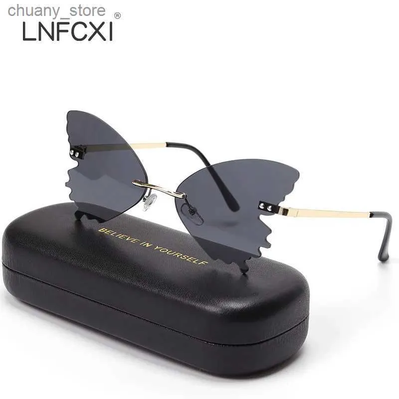Sunglasses LNFCXI Retro Frameless Butterfly Rhinestone Sunglasses Ladies Steampunk Fashion Designer Sunglasses Gafas De Sol Y240416