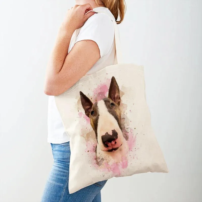 Storage Bags Watercolor Dog Children Gift Shopper Double Print Women Shoulder Tote Handbags Cartoon Pet Animals Shopping Bag