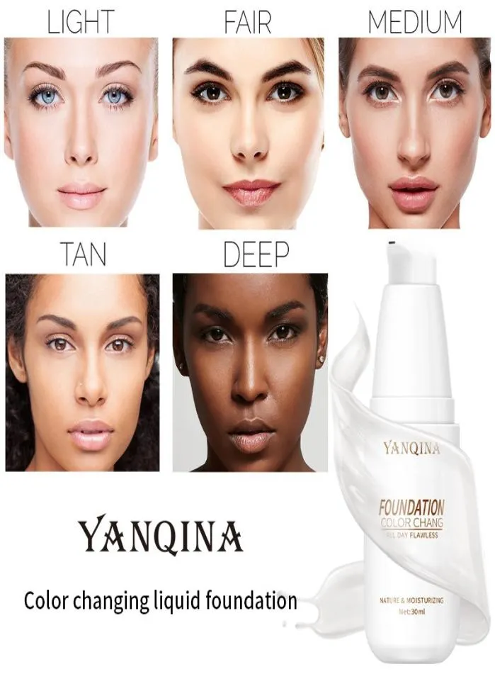 Yanqina 30ml Couleur Changer Correcteur Foundation liquide Base Matte Long Usure Contrôle d'huile Fondations Crème Femmes Maquillage7657789