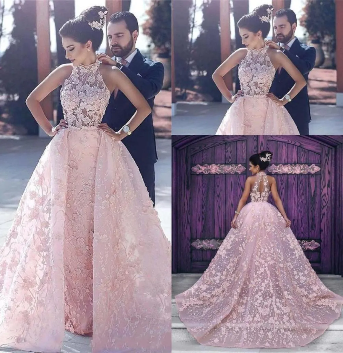 2020 Evening Dresses Wear Arabic Dubai Pink 3D Floral Flowers Ball Gown Over skirts Lace Appliques Plus Size Formal Party Dress Pr3932918