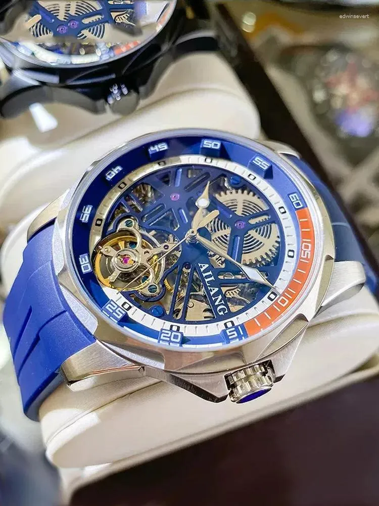 Orologi da polso ailang marchio moda orologio blu meccanico per uomo sport cinghia in gomma scheletro scheletro di lusso tourbillon orologi da uomo