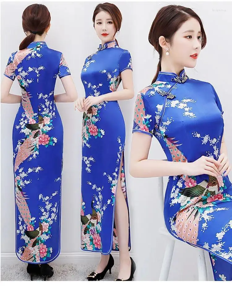 エスニック服プラスサイズ3xl4xl5xl6xl cheongsam print flower qipao womenエレガントな中国スタイルのドレス長い袖のベスチドサテン