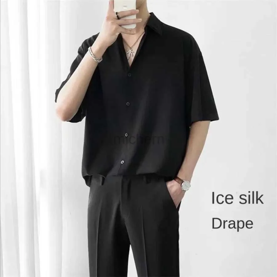 Herren lässige Hemden Ice Seide Kurzärärmische Herren Nicht-Eisen Drape Drape Feste Farbe Fünf Viertel Ärmel Hemd übergroße All-Match Lose T-Shirt 240416