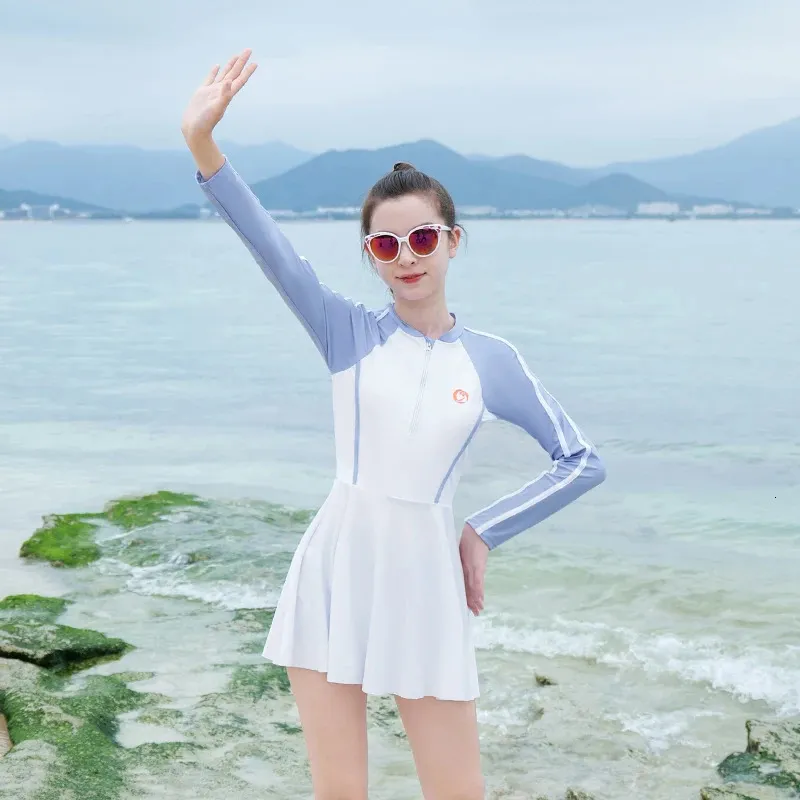 Kids Girl Swimsuit One Piece Suit Dress Long Sleeve Solid White Blue 916 Years Teenager Girls Children Swimwear Beach Wear 240416