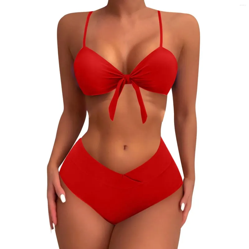 Swimwear pour femmes Split Sexy High Waist Bowknot Bikini Bra rembourré sans acier de maillot de bain à la mode et simple bikinis