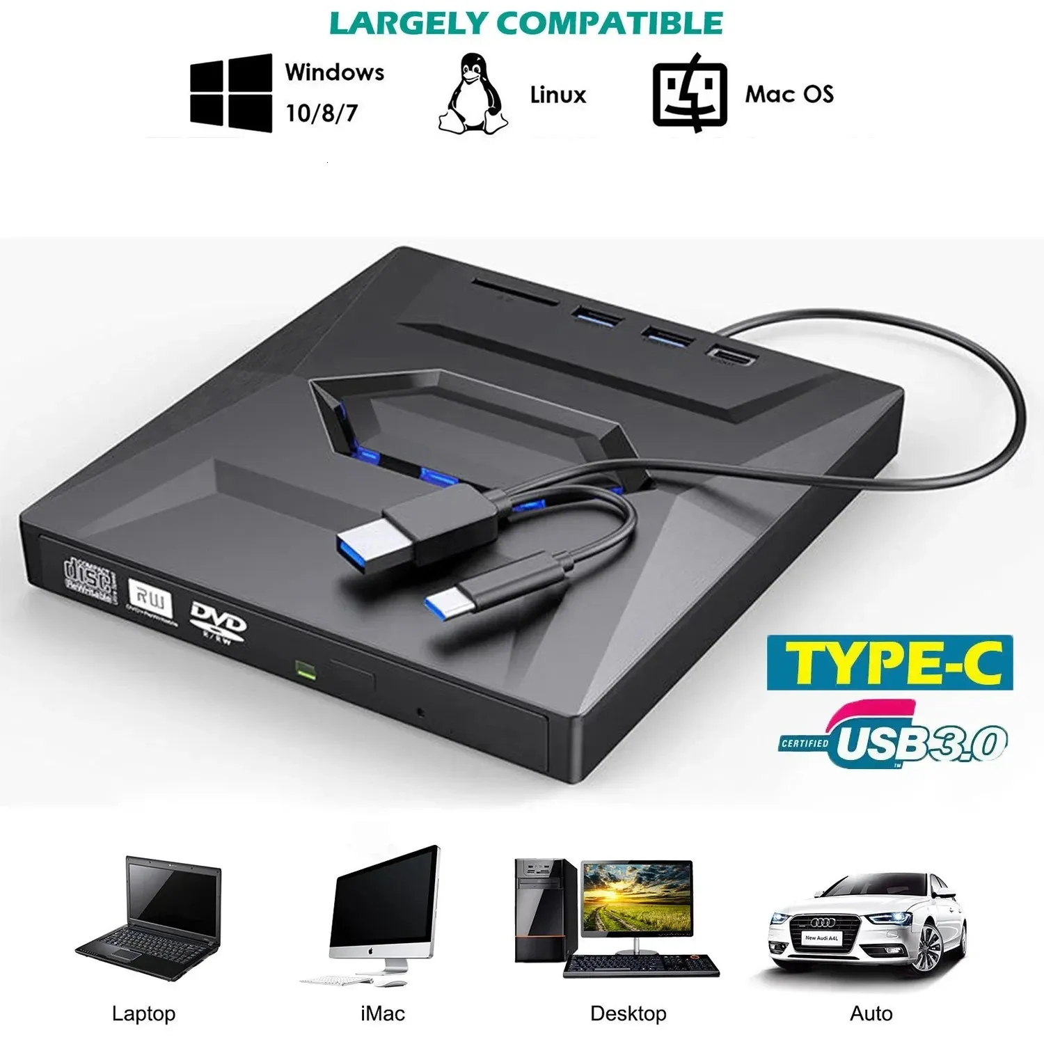 USB 3.0 TYPE C DVD DVD Multifinection Carte Multifonction Recorder CDDVD DVD RW Optical Drive Mac OS Window XP7810 240415