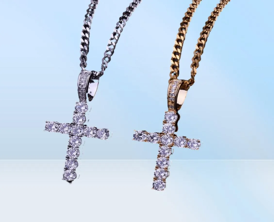 Iced Out Zircon Cross Pendant With 4mm Tennis Chain Necklace Set Men039s Hip hop Jewelry Gold Silver CZ Pendant Necklace Set3451551