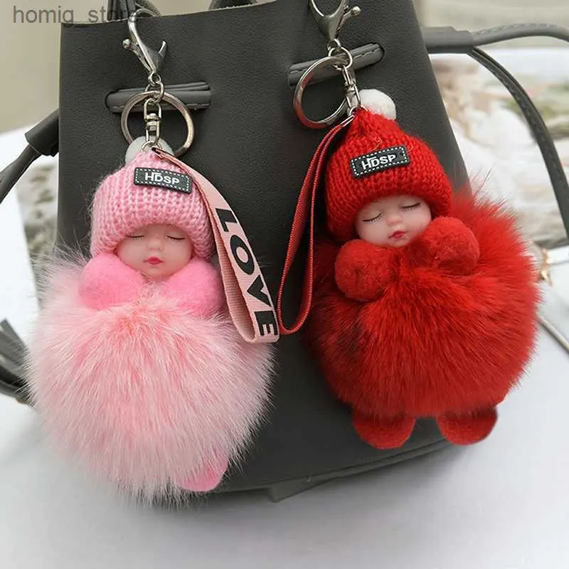 أفخم مفاتيح مفاتيح Pompom Sleeping Baby Keychain لطيف Fluffy Plush Doll -keyholdery Women Girl Bags Keyrings Cars Key Ring Gift Draging Y240415