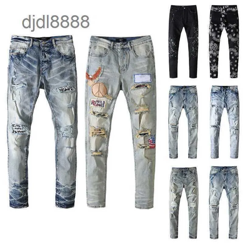 Jeans masculinos rasgados motocicletas clássicas de jeans de jeans de jeans feminino, pintado à mão, lotado à mão para fazer calças solteiras casuais de algodão casual hfr3