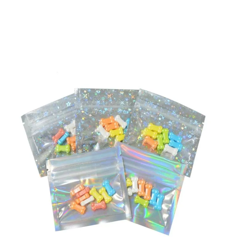 7565cm Clear Mini Zip Lock Holographic Mylar Packaging Bags 100 pcs kleurrijke regenboog monster power packing tassen pillen opbergtas7707501