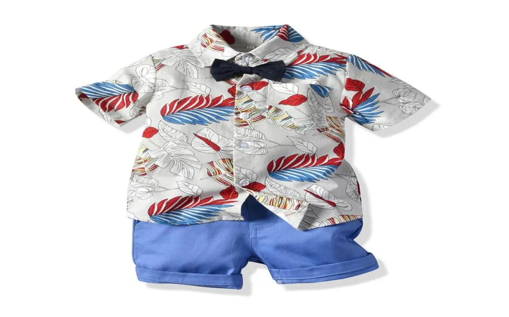 Fashion Baby Boys Casual Outfits Sommerkinder Kleidung Sets Blatt bedruckte Fliege Krawatte