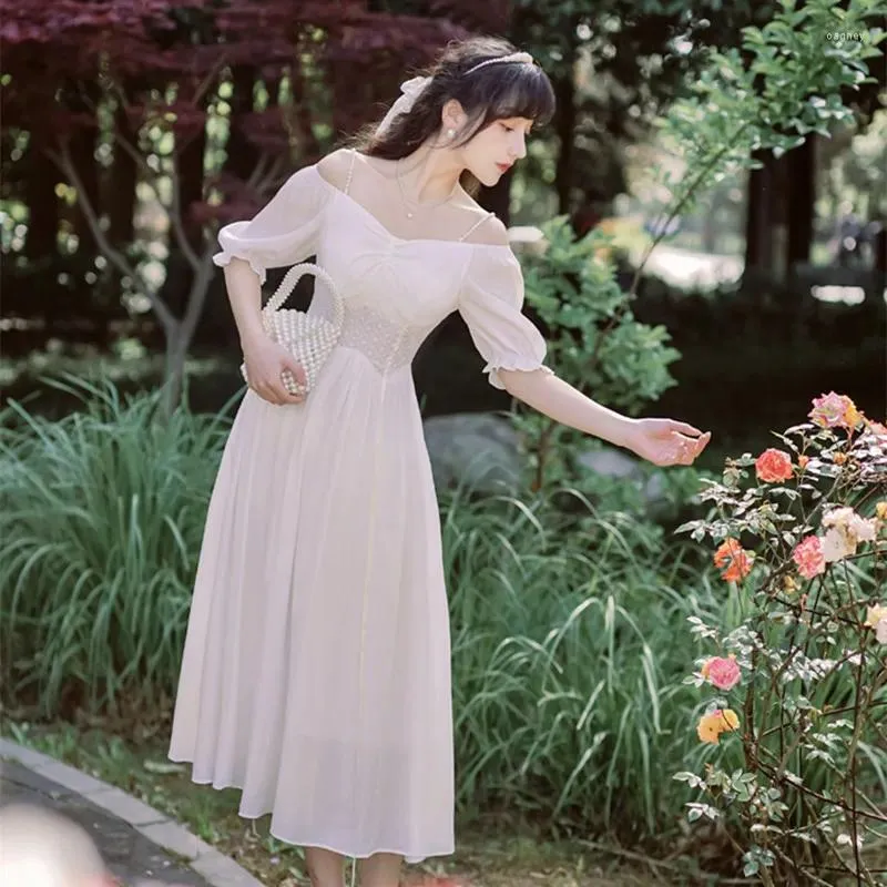 Vestidos de festa vestidos brancos femininos elegantes sling sling sem alça chique renda alta cintura puff manga fada verão