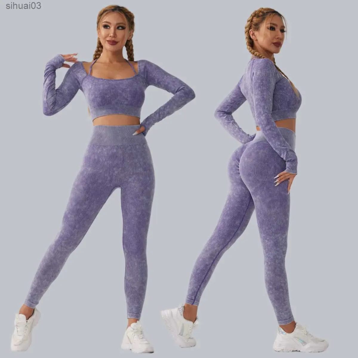 Kvinnors träningsdräkter Sandtvättsportuppsättning för kvinnor sömlös yogadräkt långärmad fitness topp med rumpa lift scrunch träning leggings gym wearl2403