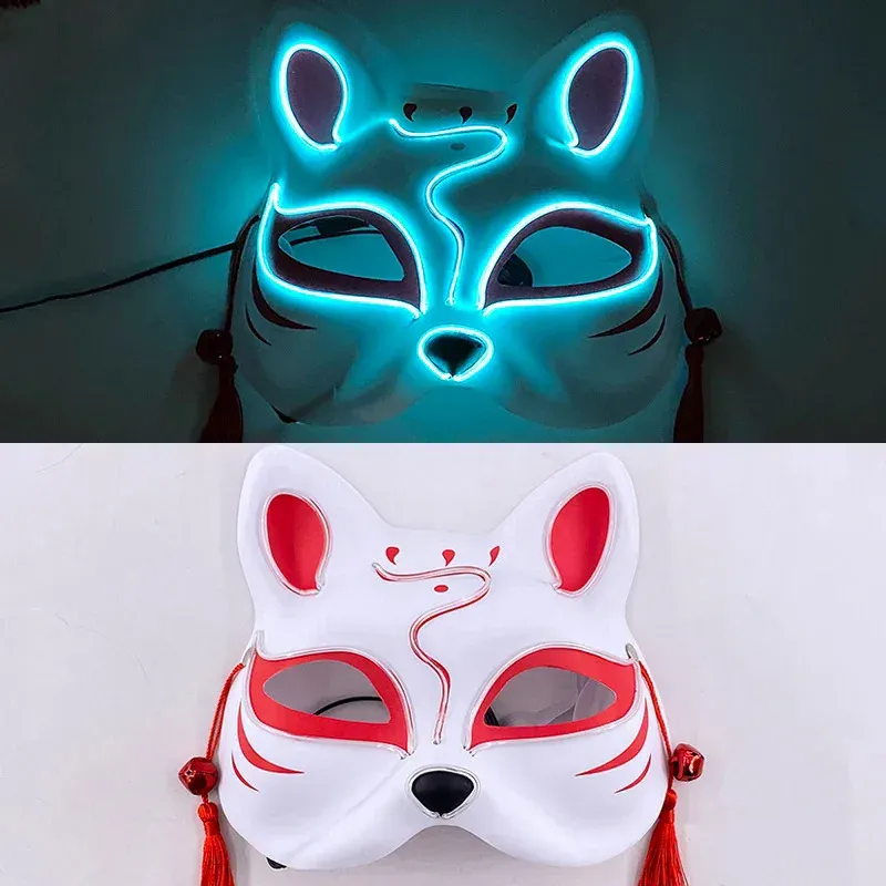 LED Light Up Mask Luminous Fox Mask Frenzy Costume Anime Half Face Cat Mask Holiday Festival Party Cosplay Mask for Adults Kids 0416