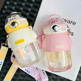 Water Bottles Cute Bear Bottle With Straw For Kids Girls School Portable Strap Transparent Plastic Drinking Cup BPA Free