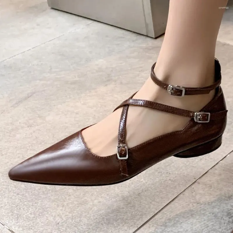 Casual Shoes Women's Genuine Leather Ankle Strap Cross Flats Daily Single Soft Comfortable Female Ballet Falts Women