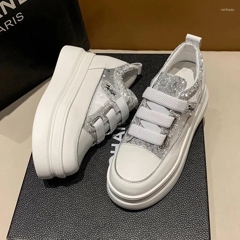 Casual Shoes 7.5 cm luftnät Kvinnor bling läder andningsbara plattform sneakers chunky klackar sommar mode ihåliga bekväma vulkanisera