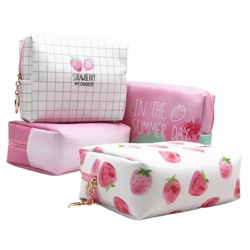 PU Sac cosmétique imperméable Sac de toilette de grande capacité Sac de rangement de voyage Sac de rangement Créatif Pink Strawberry Series 47ie #