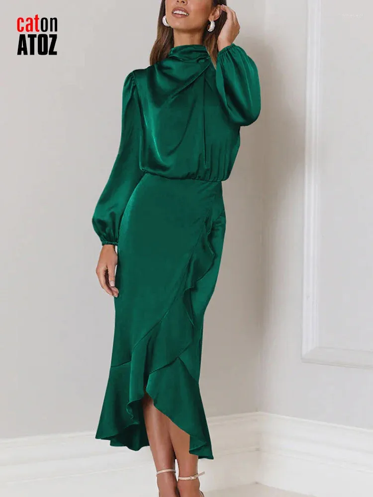 Casual Dresses Elegant Party for Women's Luxury Slim Split Long Sleeve Midi Dress with Ruffles Vintage Solid Satin Oregelbunden 3005