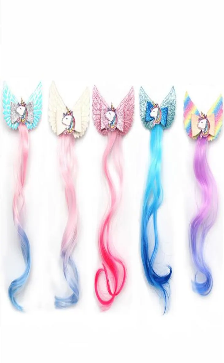 5Color 35 inch Haarbogen Rainbow Unicorn met lange pruikclips Kerst Brillant Hair Bows Girls Hair Accessory Barrettes4066288