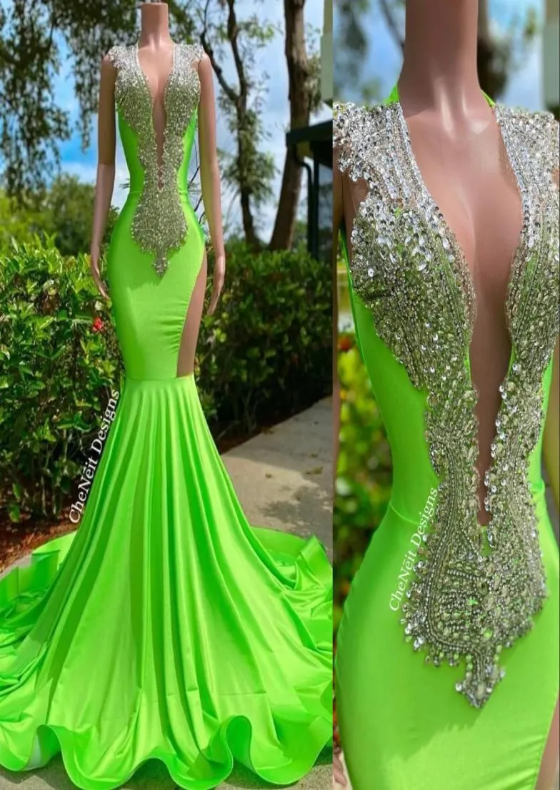 2023 Sexy Prom Dresses Green Orange Mermaid African Deep V neck Sleeveless Silver Crystals Beads Black Girls Long Dress Plus Size 9506144