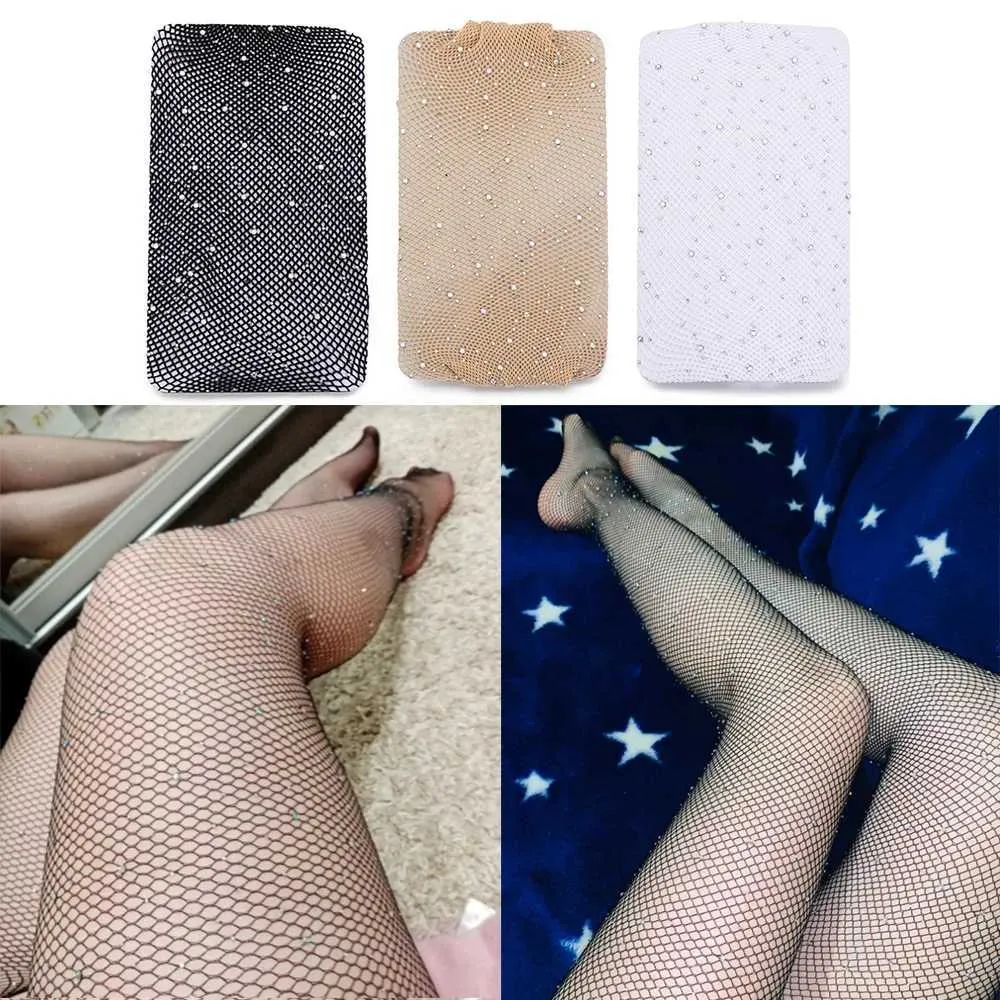 Sexy Socks Women Sexy Glitter Fishnet Tights Open Crotch Mesh Pantyhose Shiny Rhinestone Lady Tights Nylons Socks Stockings 240416