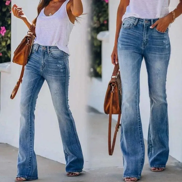 レディースジーンズ2024スタイルの背の高いウエスト弾性マイクロフレア女性ズボン