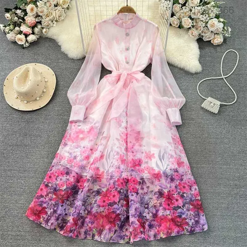 Basic Casual 2024 a metà lunghezza Donne a fiori vintage Organza con telaio Lantern Long Stand Collar Summer Ladies Vestidos