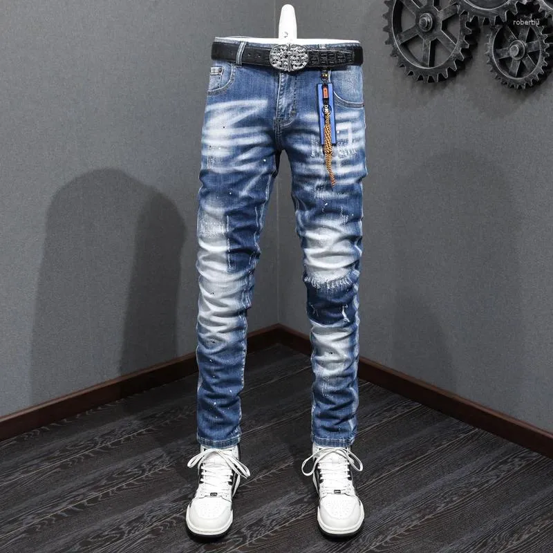 Jeans High Street Street Fashion Spalato Spalato Vintage Blue Elastic Slim Fit Designer Denim Pants Hombr